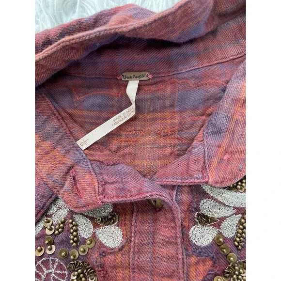 Free People Stevie's Embellished Flannel Plaid Shirt Sequin Sz L - Picture 4 of 4